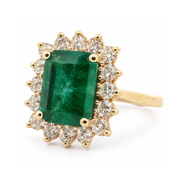 Estate 14K Yellow Gold Synthetic Emerald and Cubic Zirconia Halo Ring Classic Creations In Diamonds & Gold Venice, FL
