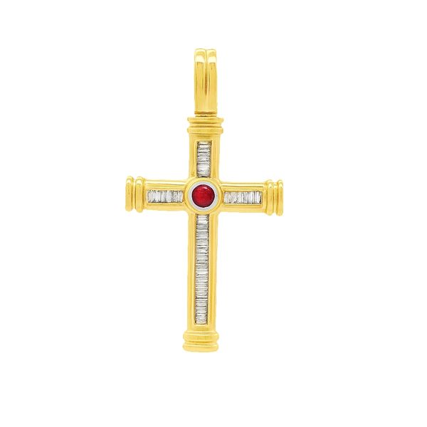 18K Yellow Gold Ruby And Channel Set Baguette Diamond Cross Pendant Classic Creations In Diamonds & Gold Venice, FL