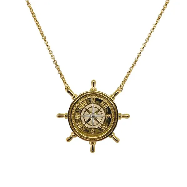 Nau-T-Girl Ships Wheel/Compass Necklace Yellow Gold Plated Classic Creations In Diamonds & Gold Venice, FL