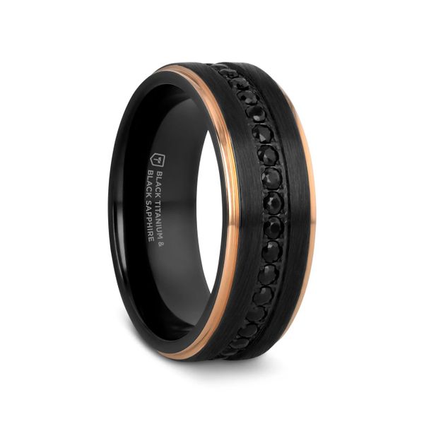 ASTRO Black Titanium Ring – Rose Gold Edge & Black Sapphires (8mm) CMS Fine Jewelers Wooster, OH