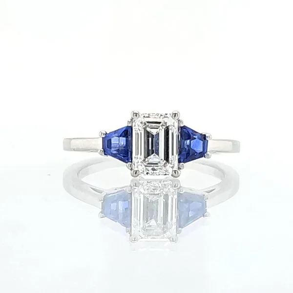 Platinum Emerald-Cut Diamond and Sapphire Past, Present, & Future Engagement Ring Skaneateles Jewelry Skaneateles, NY
