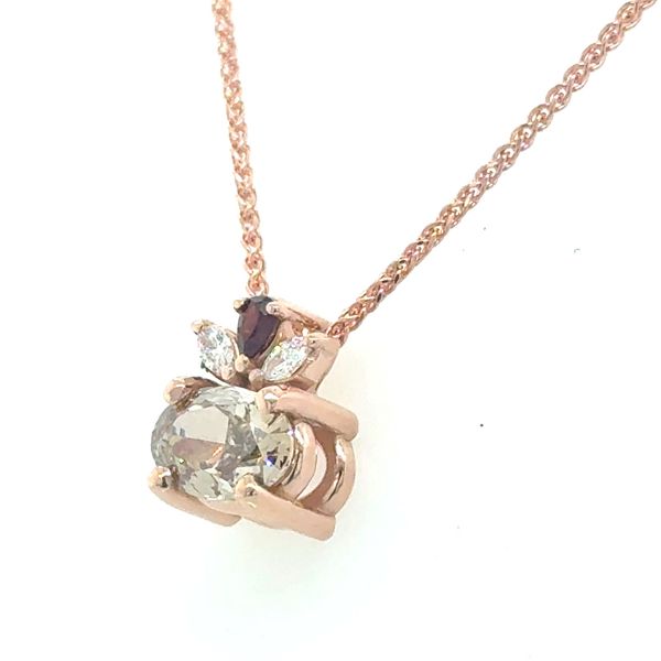 14K RG 'East-West' Fancy Brown Diamond WithWhite Diamond and Garnet Accent Pendant With Chain Image 2 Skaneateles Jewelry Skaneateles, NY