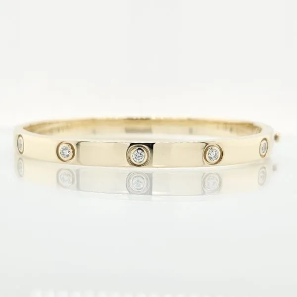 14K YG Ladies 0.26 ct TW Handmade Five Diamond Wide Hinged Bangle Bracelet, SIZE 18 Skaneateles Jewelry Skaneateles, NY