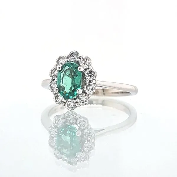 14k White Gold Emerald & Diamond Halo Ring Image 2 Skaneateles Jewelry Skaneateles, NY