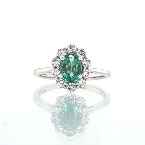 14k White Gold Emerald & Diamond Halo Ring Skaneateles Jewelry Skaneateles, NY