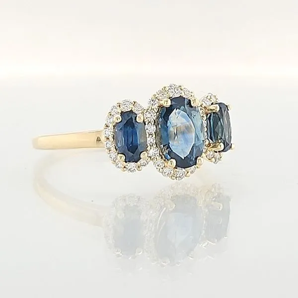 14K Yellow Gold 3-Stone Montana Sapphire & Diamond Halo Ring Image 2 Skaneateles Jewelry Skaneateles, NY