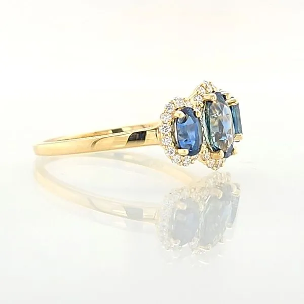 14K Yellow Gold 3-Stone Montana Sapphire & Diamond Halo Ring Image 3 Skaneateles Jewelry Skaneateles, NY