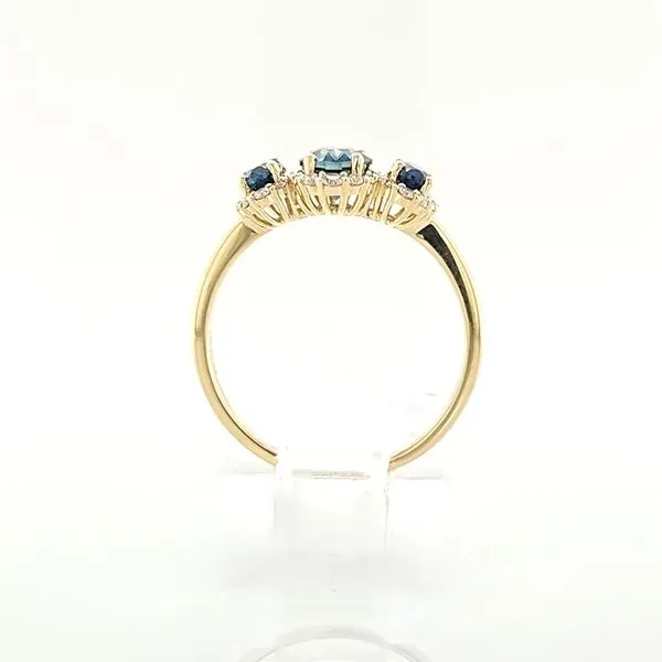 14K Yellow Gold 3-Stone Montana Sapphire & Diamond Halo Ring Image 5 Skaneateles Jewelry Skaneateles, NY