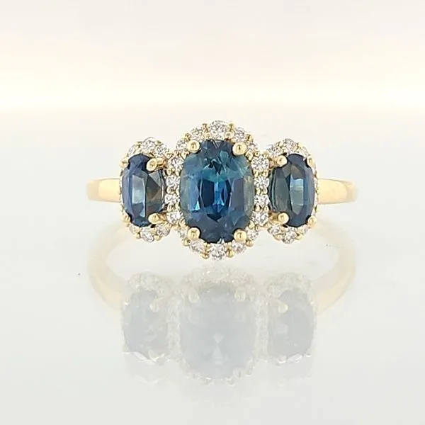 14K Yellow Gold 3-Stone Montana Sapphire & Diamond Halo Ring Skaneateles Jewelry Skaneateles, NY