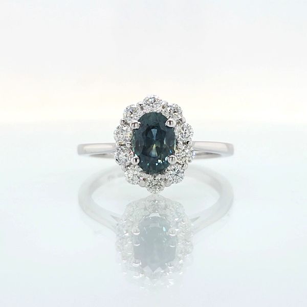 Teal Montana Sapphire & Diamond Oval Halo Ring Skaneateles Jewelry Skaneateles, NY