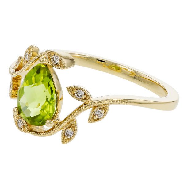 14K Yellow Gold Vintage Floral Pear Shaped Peridot & Diamond Ring | Skaneateles Jewelry Image 2 Skaneateles Jewelry Skaneateles, NY