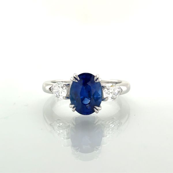 Platinum Oval Sapphire and Pear Diamond Past-Present-Future Ring Skaneateles Jewelry Skaneateles, NY