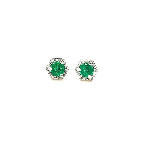 0.66ct TGW Emerald & Diamond Hexagonal Halo Stud earrings Skaneateles Jewelry Skaneateles, NY
