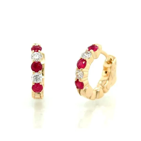 14K YG Ladies 0.66ct TGW Ruby & Diamond Mini Hoop Earrings Skaneateles Jewelry Skaneateles, NY