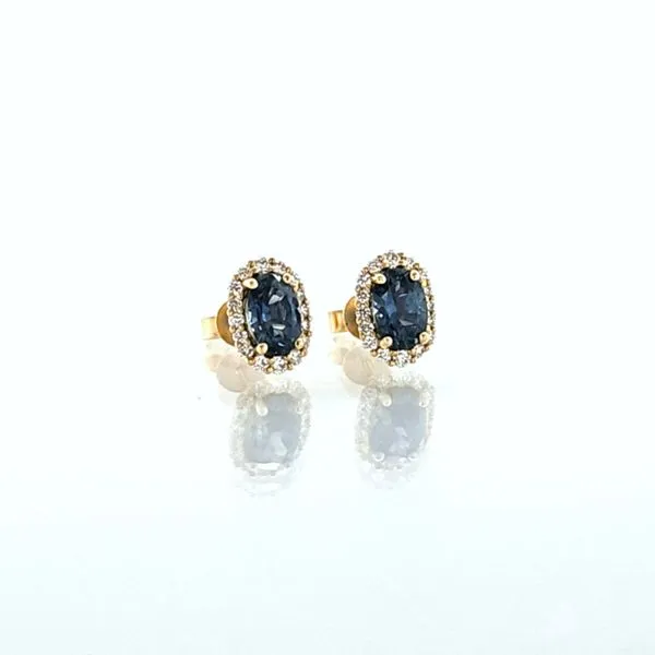 14K Yellow Gold Montana Sapphire & Diamond Halo Earrings Image 2 Skaneateles Jewelry Skaneateles, NY