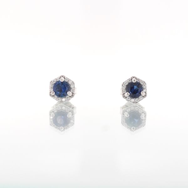 Sapphire & Diamond Hexagonal Halo Stud Earrings Image 2 Skaneateles Jewelry Skaneateles, NY