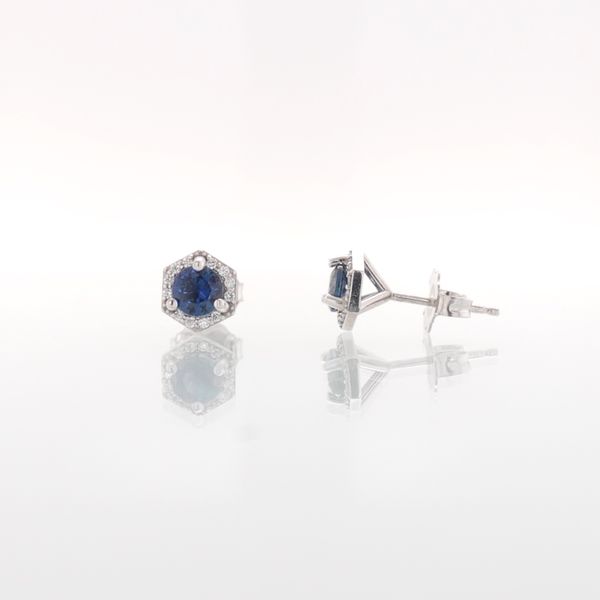 Sapphire & Diamond Hexagonal Halo Stud Earrings Image 3 Skaneateles Jewelry Skaneateles, NY