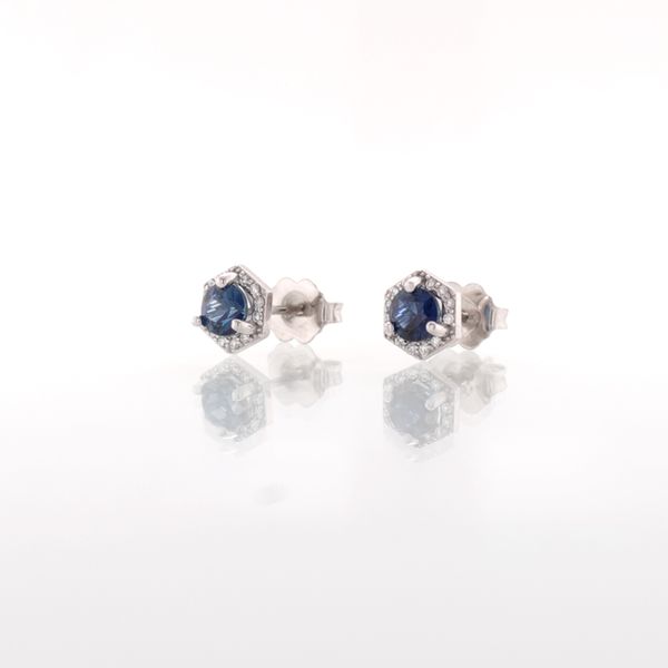 Sapphire & Diamond Hexagonal Halo Stud Earrings Image 4 Skaneateles Jewelry Skaneateles, NY