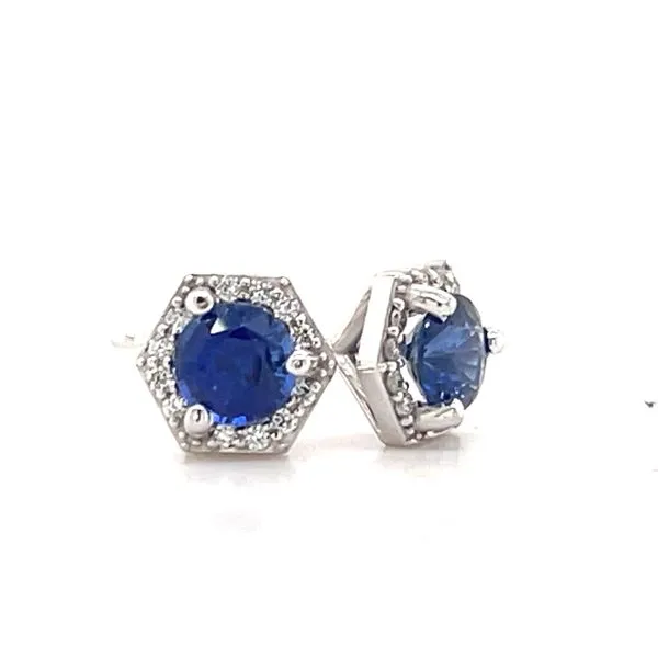 Sapphire & Diamond Hexagonal Halo Stud Earrings Skaneateles Jewelry Skaneateles, NY