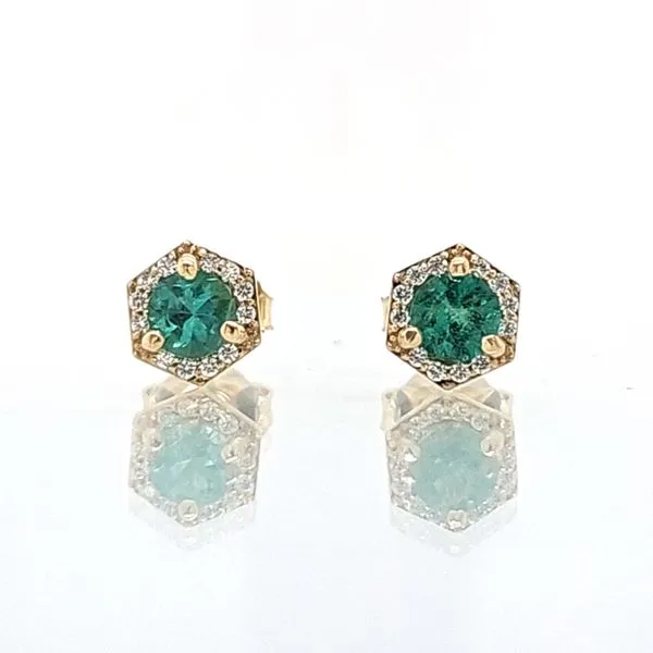 Emerald & Diamond Hexagonal Halo Stud earrings Image 2 Skaneateles Jewelry Skaneateles, NY