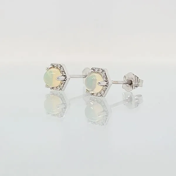Opal & Diamond Hexagonal Halo Stud Earrings Image 2 Skaneateles Jewelry Skaneateles, NY