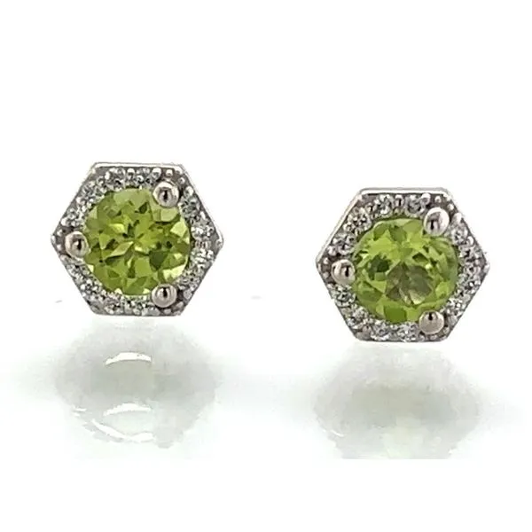 14K White Gold Peridot & Diamond Hexagonal Halo Stud earrings Skaneateles Jewelry Skaneateles, NY