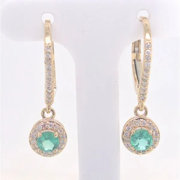 14K YG 0.75ct TGW Emerald & Diamond Halo Leverback Drop Earrings Skaneateles Jewelry Skaneateles, NY
