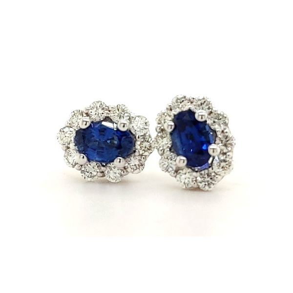 14K White Gold Sapphire & Diamond Halo Stud Earrings Skaneateles Jewelry Skaneateles, NY