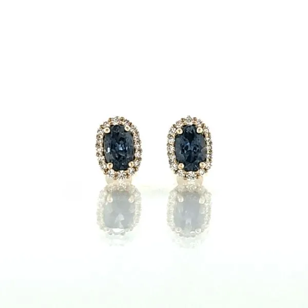 14K Yellow Gold Montana Sapphire & Diamond Halo Earrings Image 2 Skaneateles Jewelry Skaneateles, NY