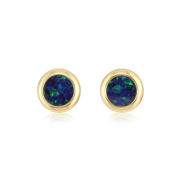 14K Yellow Gold 5mm Round 0.82ct TW Australian Opal Doublet Earrings Skaneateles Jewelry Skaneateles, NY