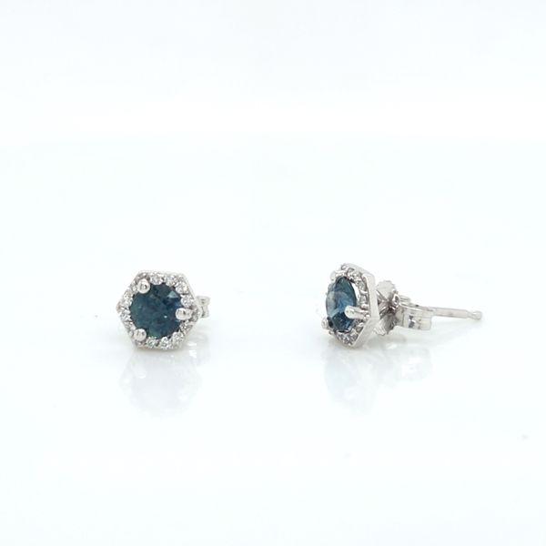 14K WG __ CTTW Montana Sapphire & Diamond Hexagonal Halo Stud earrings Image 2 Skaneateles Jewelry Skaneateles, NY