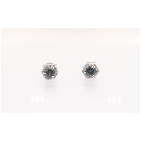 14K WG __ CTTW Montana Sapphire & Diamond Hexagonal Halo Stud earrings Skaneateles Jewelry Skaneateles, NY