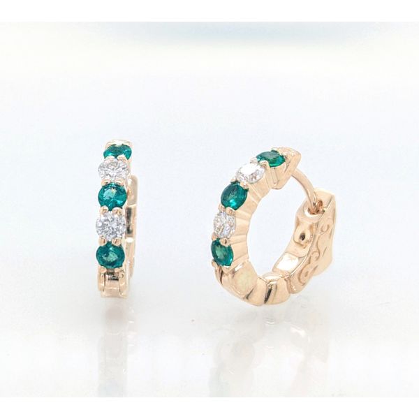 14K Yellow Gold Emerald & Diamond Huggy Hoop Earrings Skaneateles Jewelry Skaneateles, NY