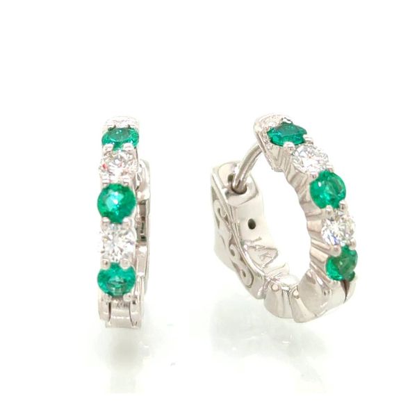 14K White Gold Emerald & Diamond Huggy Hoop Earrings Skaneateles Jewelry Skaneateles, NY