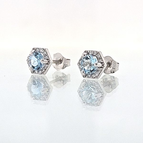 Hexagon Halo Aquamarine & Diamond Earrings Image 2 Skaneateles Jewelry Skaneateles, NY