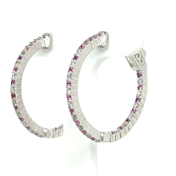 14K WG .72cttw Pink Sapphire and Diamond Hoop Earrings Image 3 Skaneateles Jewelry Skaneateles, NY