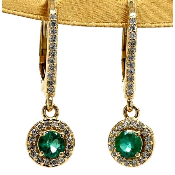 14K YG Emerald & Diamond Halo Leverback Drop Earrings Skaneateles Jewelry Skaneateles, NY