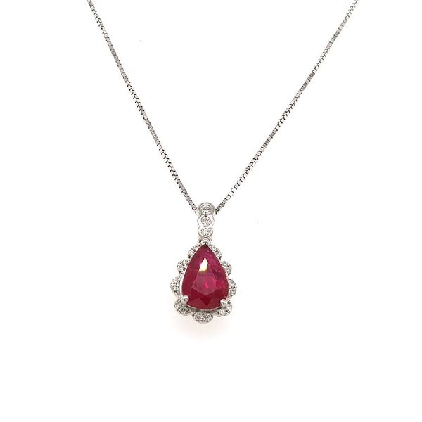 14kWG 1.65 ctw Pear Shaped Ruby and Diamond Pendant with Chain Skaneateles Jewelry Skaneateles, NY