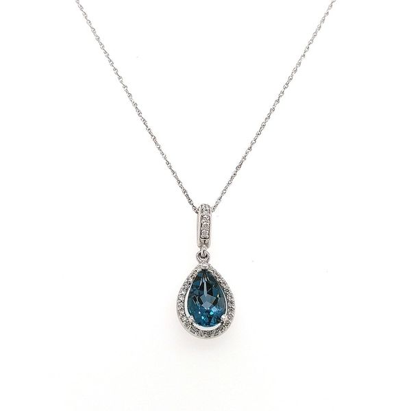 14KW Pear Shaped London Blue Topaz and Diamond Pendant with chain Skaneateles Jewelry Skaneateles, NY