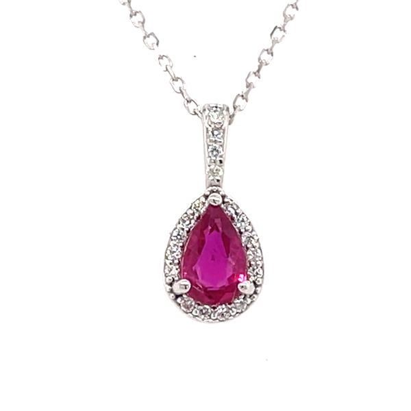 Ruby & Diamond Pear Halo Pendant Skaneateles Jewelry Skaneateles, NY