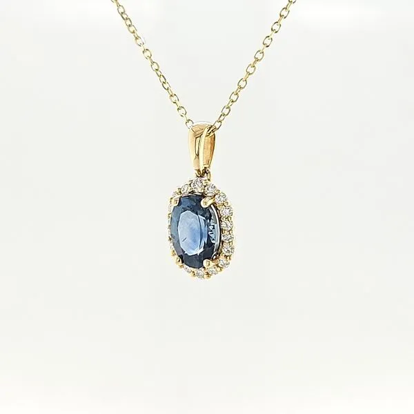 14K Yellow Gold Montana Sapphire & Diamond Halo Necklace Image 2 Skaneateles Jewelry Skaneateles, NY