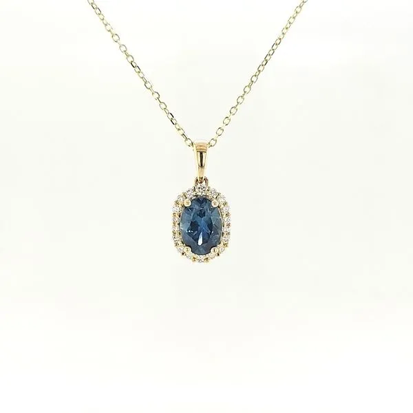 14K Yellow Gold Montana Sapphire & Diamond Halo Necklace Skaneateles Jewelry Skaneateles, NY
