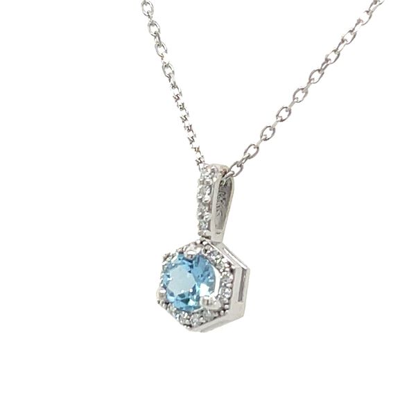14K White Gold Aquamarine & Diamond Hexagon Halo Pendant Image 2 Skaneateles Jewelry Skaneateles, NY