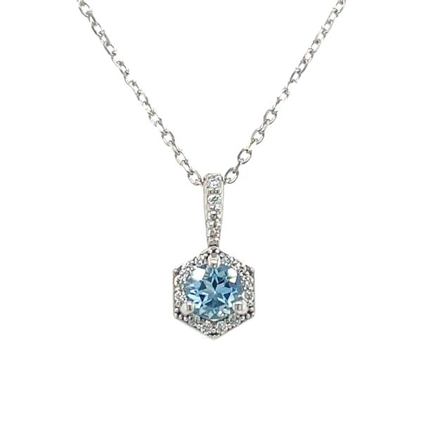14K White Gold Aquamarine & Diamond Hexagon Halo Pendant Skaneateles Jewelry Skaneateles, NY