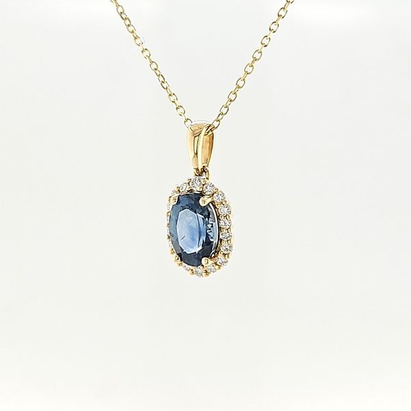 14K Yellow Gold Montana Sapphire & Diamond Halo Necklace Image 2 Skaneateles Jewelry Skaneateles, NY