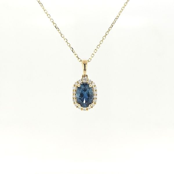 14K Yellow Gold Montana Sapphire & Diamond Halo Necklace Skaneateles Jewelry Skaneateles, NY