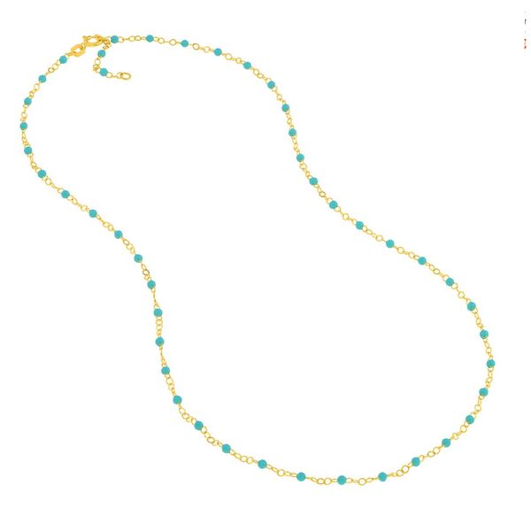 14K YG Light Turquoise Enamel Bead on Piatto Chain - 18