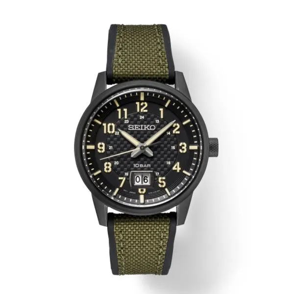 Gent's Seiko Carbon Dial Green Khaki strap Quartz Watch Skaneateles Jewelry Skaneateles, NY