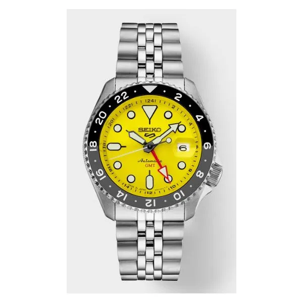 Seiko 5 Sports Stainless Automatic GMT (Yellow Dial, Bi-color 24-hour GMT Bezel) Skaneateles Jewelry Skaneateles, NY