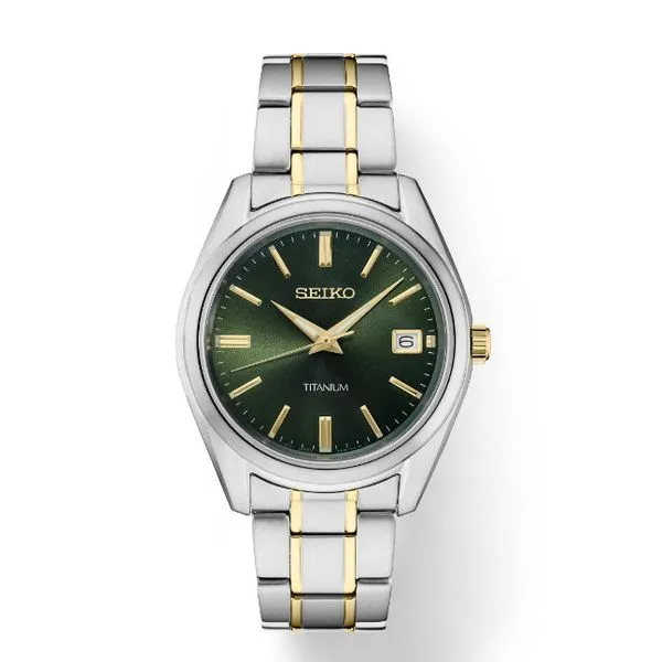 Seiko Essentials Two Tone Titanium Quartz, Green Dial 100m WR Skaneateles Jewelry Skaneateles, NY